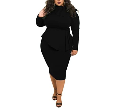 VERTTOP Plus Size Double-Layered Tie Neck Plain Long Sleeve Warm Women's Bodycon Dress Midi Dress For Party, Cocktail,Club Casual Black 4XL