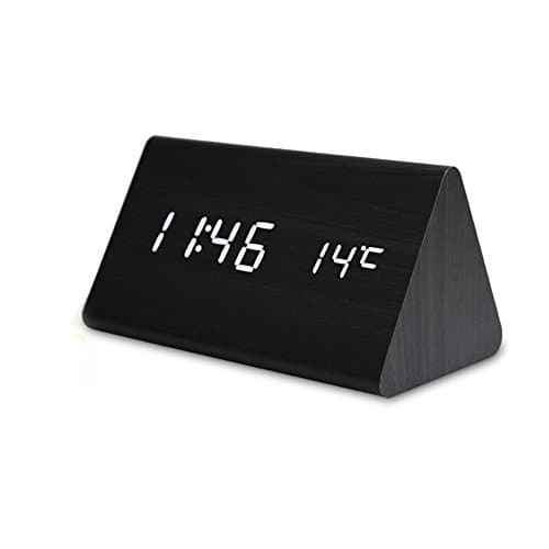 Triangle Wooden LED Alarm Clock | Austark Creative Sound Control Digital Table Clock | Smart Multifunction Travel Clock with Time Temperature Display & 12/24 Hour Format for Home Office (White Light)
