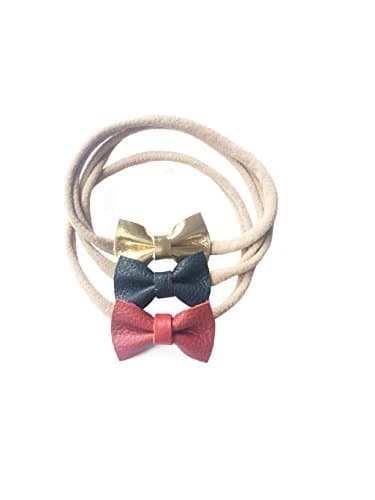 Indie Bow Co Handmade Genuine Leather Micro Mini Bow Headbands Set of 3 in Red, Navy, and Gold