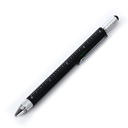 Universal Stylus Pen with Ballpoint Pen - Screwdriver (Flat and Phillips Driver Bit) - Level Gauge - Ruler (inch, cm) - in a Stylish Lightweight Durable Aluminium Housing (color Black).