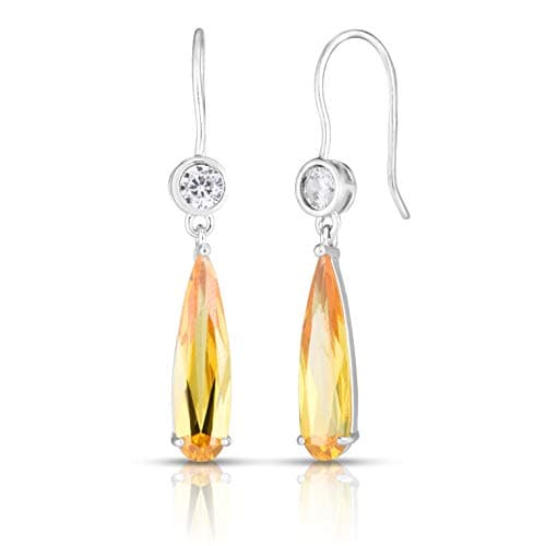 925 Solid Sterling Silver Brilliant Cut Cubic Zirconia and Simulated Pear Shape Citrine Drop Dangling Designer Pierced French Wire Earrings.