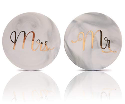 Luspan Mr Mrs Grey Marble Stone Coasters- 3.7 Inches in Diameter- Prefect Match with Mr Mrs Coffee Mugs for Couples