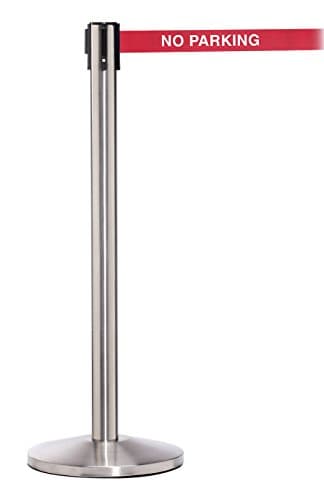 ComeAlong Crowd Control Stanchion Matte Stainless Pole with 11' Heavy Duty Red/White Belt, "No Parking" Message (Pack of 2 Poles)