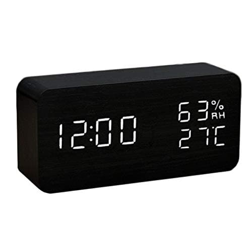 LF stores Weather Clock LED HD Display Temperature Humidity Meter Wooden Simple Weather Clock Electronics Luminous Bedside Alarm Clock Weather Monitoring Clocks (Color : Power Supply-Black)