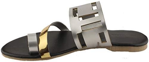 Foot Wagon Grey Square Cut Work Flats | Black Slippers |Golden Straps | Flats |Ladies Sandal |Shine Straps|Straps|Women Flats | Ladies Slippers |Girls Slippers |Strap Flats| Chappals|