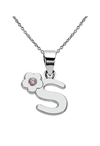 Initial Alphabet Letter S Pink Crystal Flower Pendant Necklace Script Word Fashion Jewelry