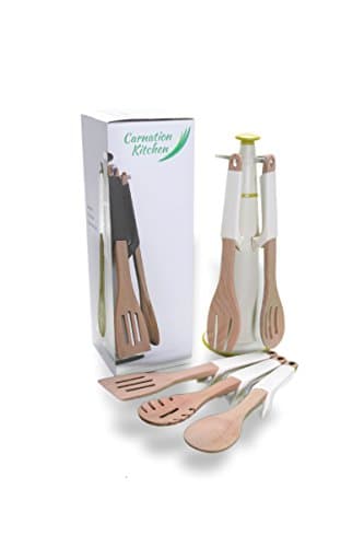 Carnation Kitchen 5 Piece Kitchen Utensil Set with Stand, Includes Weighted Silicone Grips, Integrated Spoon Rest, and is Dishwasher Safe