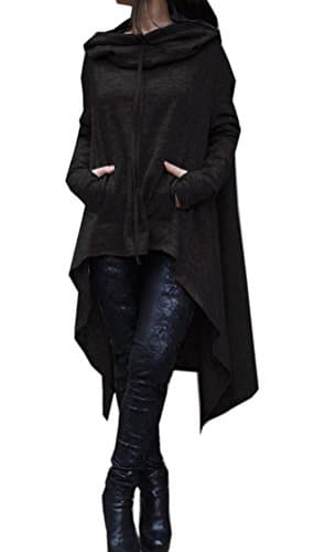 Evesymil Women Hooded Drawstring Asymmetrical Cloak Cape Pullover Casual Long Sweatshirt Outwear Black S