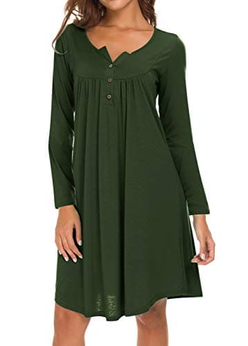 Eanklosco Womens V Neck Dress Casual Swing Simple Ruffle Button up Loose Dresses Long Sleeve