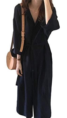 GGUHHU Womens Chic Button Down Rolled-Up Sleeve Long Cotton Blouse Maxi Dress