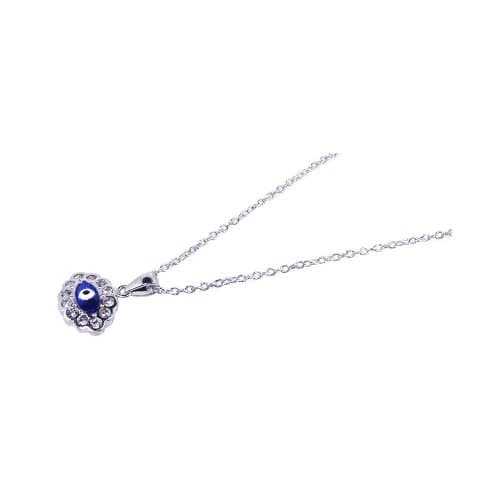 Exquisite Sterling Silver Rhodium Plated Clear CZ Evil Eye - Blue Cluster Eye Shape Pendant Necklace