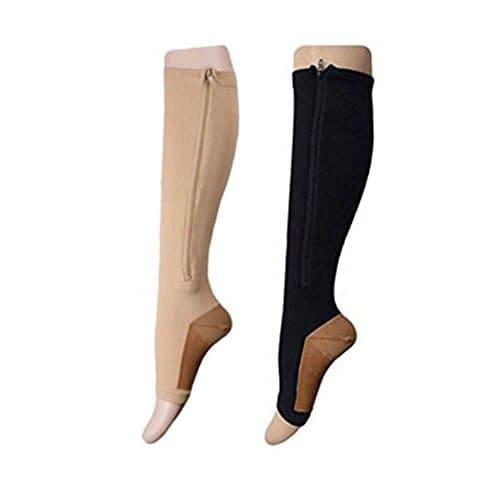 2 Pairs Open Toe Knee Length Copper Infused Zipper Compression Socks By Gofriendly 15-20 mmHg Support 3 Size (S/M, 1 Black 1 Nude)