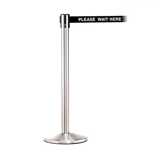 ComeAlong Industries Crowd Control Matte Stainless Pole with 11' Heavy Duty White/Black Belt, "Please Wait Here" Message (Pack of 2 Poles)