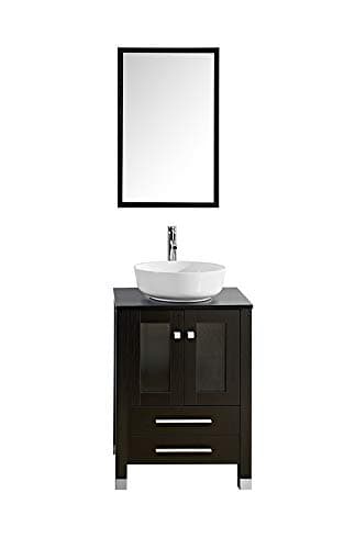KINGRAN 24" Modern Bathroom Vanity Combo with Ceramic Vessel Sink with Faucet and Pop Up Drain Set,Mirror Included, Black Cabinet With Round Bowl