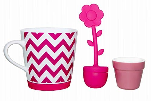 Tea Parties - Exceptional Tea Infuser 4 Pieces Set: Silicone Flower Infuser, Ceramic Flower Pot Holder, Ceramic Tea Mug, Built in Removable Silicone Coaster. Ideal for Loose Leaf Tea