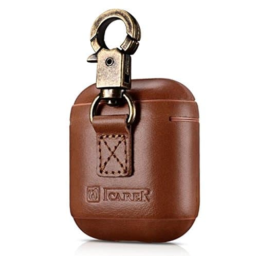 AirPod Accessory Pack, CHEETOP Premium Genuine Leather Skin Protective Wraps – Minimal Stylish Vintage Customize Covers Charging Case to for Apple Airpods (Brown with Keychain)