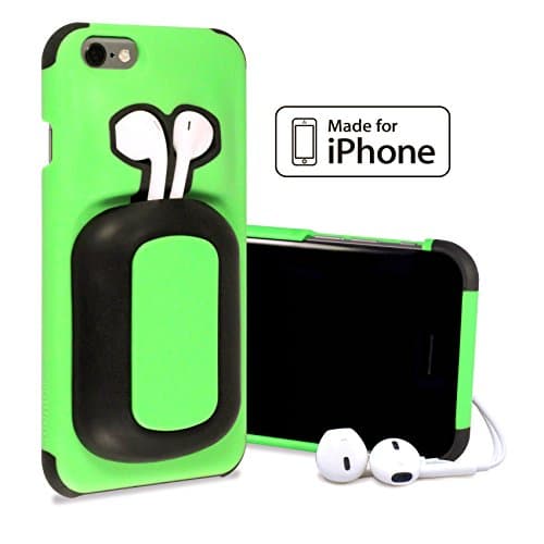 *NEW* Apple iPhone 6 / 6s Case Cover. Built-in Headphone Earpod Earphone Earbud Storage Holder. Shock Absorbing and Protective Bumpers. (BlackNight/FluoroGreen)