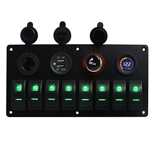 TEQStone Rocker Switch Panel 8 Gang Metal Board LED Rocker Blank Switch Panel with Circuit Breakers&Digital Voltmeter+2 Cigarette Socket & USB Power Charger Adapter for Boat Car Marine