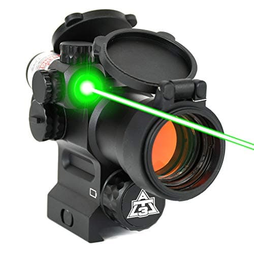 AT3 LEOS Red Dot Sight with Integrated Red or Green Laser Sight - 2 MOA Red Dot Scope with Flip Up Lens Caps