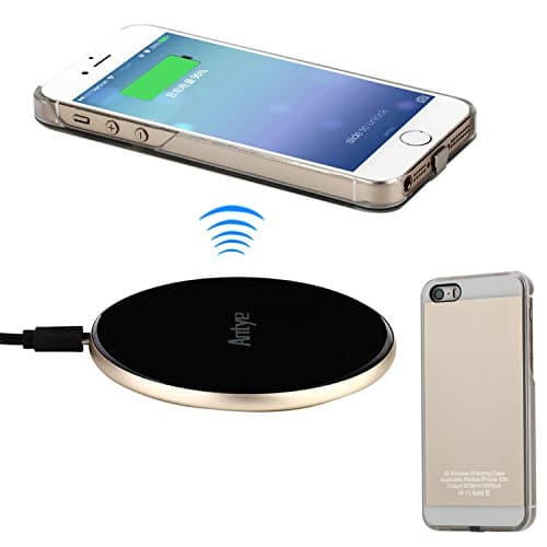 Antye Qi Wireless Charger Pack for iPhone 5 5S SE - Including Wireless Charging Receiver Case and (Ultra Slim) Aluminum Wireless Charging Pad (Gold)