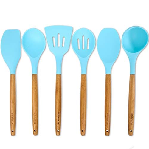 Silicone Cooking Utensils Kitchen Utensil set - 6 Bamboo Silicone Kitchen Utensils Set - Silicone Utensil Spatula Set - Silicone Utensils Cooking Utensil Set - Kitchen Tools and Gadgets