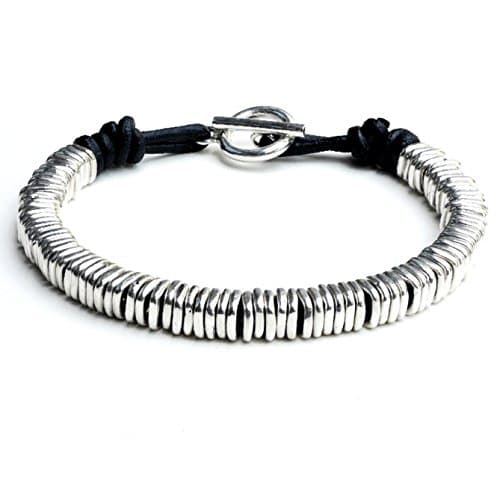 Kham Men Genuine Black Leather and 925 Sterling Silver Square Hoop Stack Beaded Bracelet