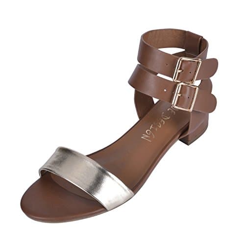 Women's Low Block Heel Sandals Gold Front Strap Ankle Strap Comfortable Memory Foam Insole-Brown Gold 050-37