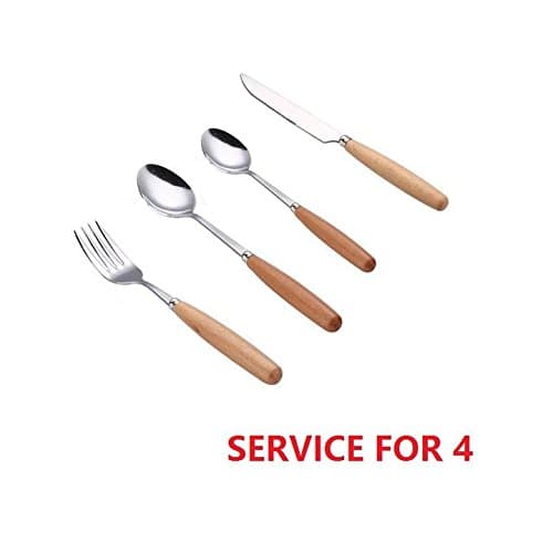 MBB Wood Flatware Set Dinner Server Knife Fork Spoon Stainless Steel Wooden Handle 16 Pieces Service for 4