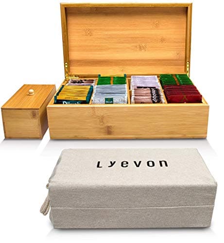 Lyevon Tea Storage Organizer Bamboo Chest Box with 8 Adjustable Compartments for Assorted Tea Bags or Spices -holds 125 Tea Bags