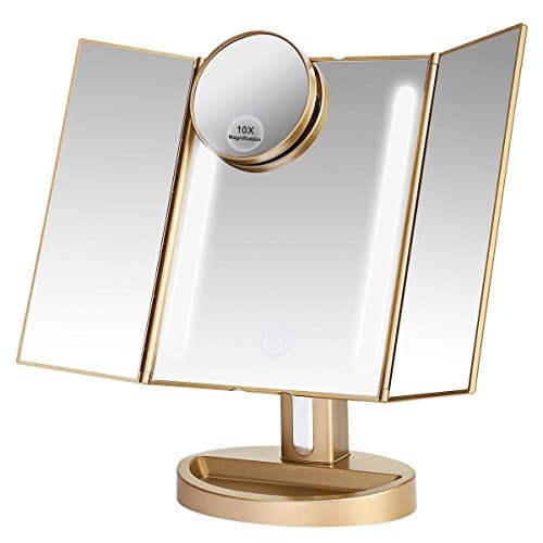 ASSIS Led Lighted Makeup Mirror with 10X Magnifying, Natural LED, Touch Screen and Auto Off Dual Power Supply, 180°Adjustable, Portable Compact Travel Trifold Vanity Mirror (Luxury Gold)