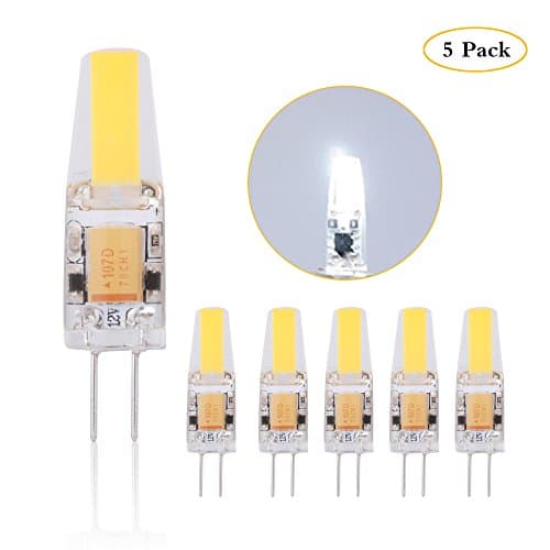 SHKNH 12V G4 Bi-Pi Base Led Light Bulb 2W, Replacement of 20W Halogen Bulb, Waterproof COB Led Light, For Cabinet Puck Light, Outdoor landscape lights, Table Lamp, Courtyard Light, Pack of 5