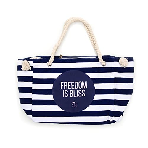 Canvas Beach Bag by Project Libertus - Tote Bag with Navy White Pattern - Cotton Blend Shoulder Rope Handle - Pink Freedom Design - Women's Outdoor Accessory