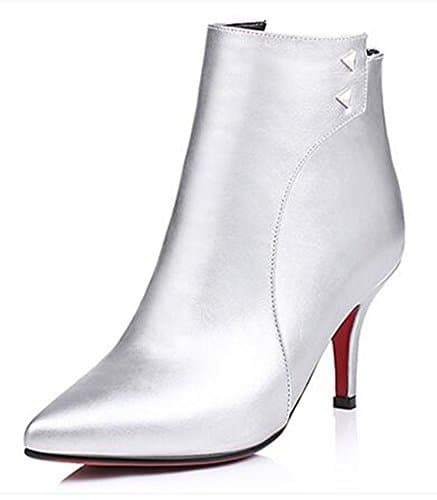 CHFSO Women's Fashion Stiletto Solid Rivets Pointed Toe Back Zipper Mid Heel Ankle Boots Silver 4 B(M) US
