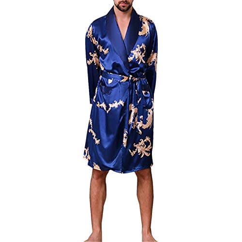 Men Chinese Style Dragon Sleep Robes 2Plus Size Long Bathrobe Faux Silk Long Male Sleep Robes Sleepwear