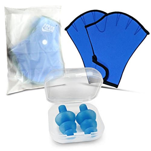 Swimming Gloves & Ear Plugs Pack For Swimmers Doing Swim Training Resistance by The Free Glide