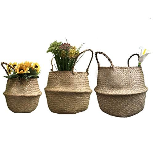 3 Size / 2 Set Natural Seagrass Belly Baskets with Handle, Foldable storage basket braided, laundry basket nursery, Plant pot, Multi-function basket for bath, bathroom, toys etc