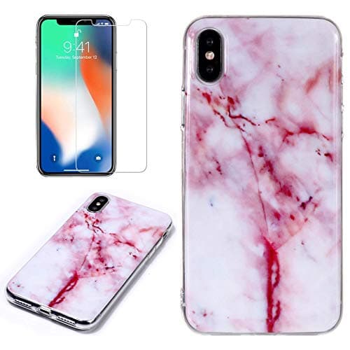 QFUN for iphone X/iphone XS Marble Case with Screen Protector,Unique Pattern Design Skin Ultra Thin Slim Fit Soft Gel Silicone Case, Shockproof Anti-Scratch Protective Back Cover - Red Line