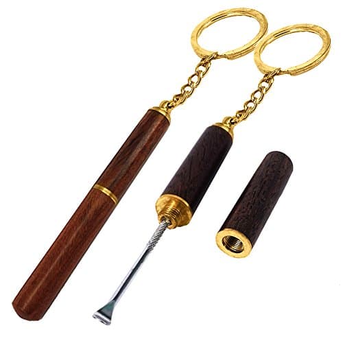 Arc Ear Pick | Brown Portable 2pcs Ear Wax Remover Set with Wood Handle Cap and Ring Chain | Safe Lightweight Skid Resistant Durable Ebony Steel for Home Doctor Office Medical Clinic Hospital | 1393