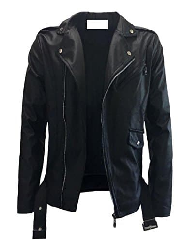 BabyYoung Men Lapel Leather Hipster Zipper Solid Overcoat PU Jakcet Black L