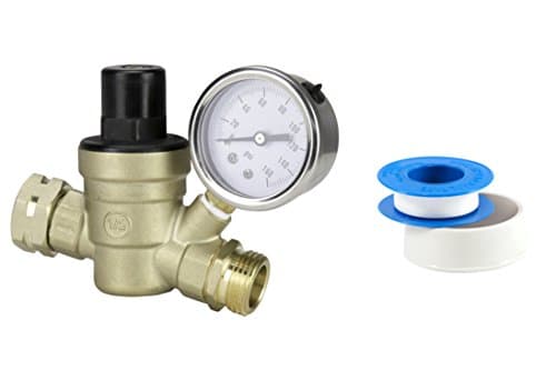 Adjustable Water Pressure Regulator - Comes with Gauge, Inlet Screen Filter and Plumber's Tape - Lead-Free Brass Adjustable Water Pressure Reducer for RV and water spiqots