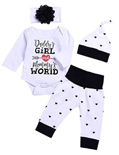 4PCs Baby Letter Print Heart Pattern Long Sleeves Romper Pant Outfit Set (White, 0-3M(Tag70))