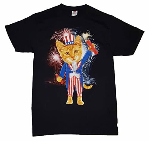 Uncle Sam Kitty Cat Fireworks Graphic T-Shirt - X-Large