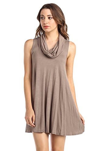 Solid Colored Dress, with cowl neckline and wide flared hem line detail. (Medium, Mocha)