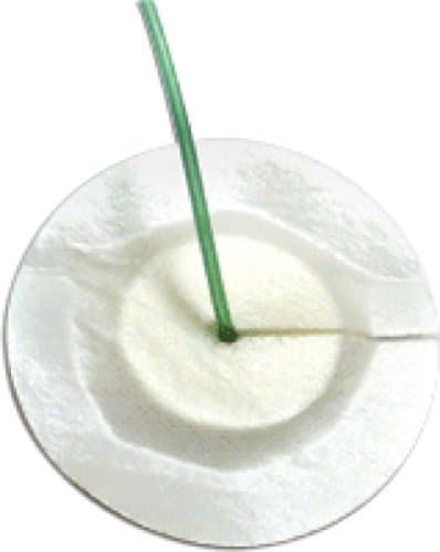 MPM Medical Adhesive Bordered Foam Dressing 4" x 4" with Circular 2-1/2" x 2-1/2" Pad, Fenestrated to Secure Tubes, Water-Proof Top Layer (Case of 50 Each)