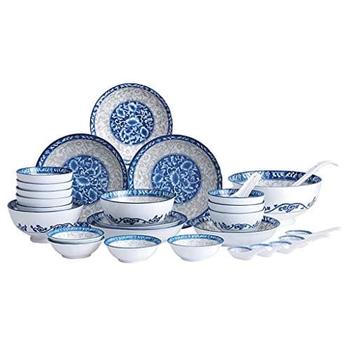 HQCJ 30-Piece Dinner Set Blue White Porcelain Tableware Set with Bowl Dinner Plate Saucer Service for 8