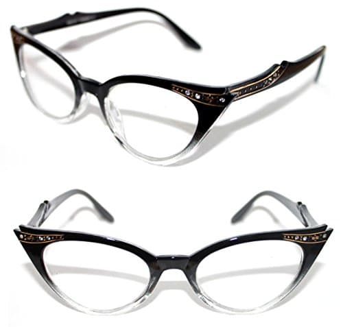 Women's Cat Eye Small Retro Gradient Frame Clear Lens Glasses With Gold Rhinestones (Black Clear)