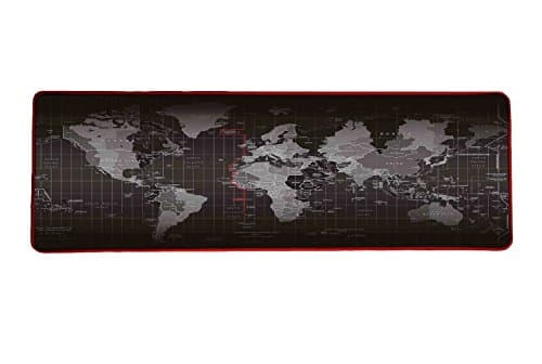 Woodlandu Extended Gaming Mouse Pad Printed with World Map Stitched Edges Speed Silky Smooth Surface Non-Slip Rubber Base Mats 300x900x3mm/11.8x35.4x0.12inch Red Edges