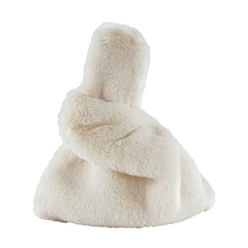 Faux Rabbit Fur Pull Through Strap Wrist Handbag Purse for Women