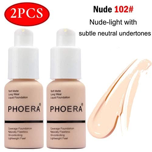 2PCS Matte Oil Control Concealer Foundation Cream,30ml Natural Moisturizing Highlighting Long Lasting Waterproof Matte Liquid Foundation (102 Nude)