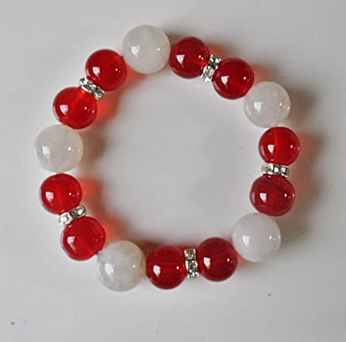 Bra#016 Natural Nice red agate~moonstone 15 Beaded Bracelet 12- 14 Mm 44.33 Gm. Decorated with Sterling Silver+CZ Lovely Color